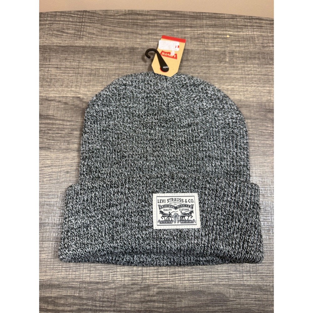 Levis Mens Marled Knit Cuffed Beanie Black White Two Horse Logo Patch OS NWT